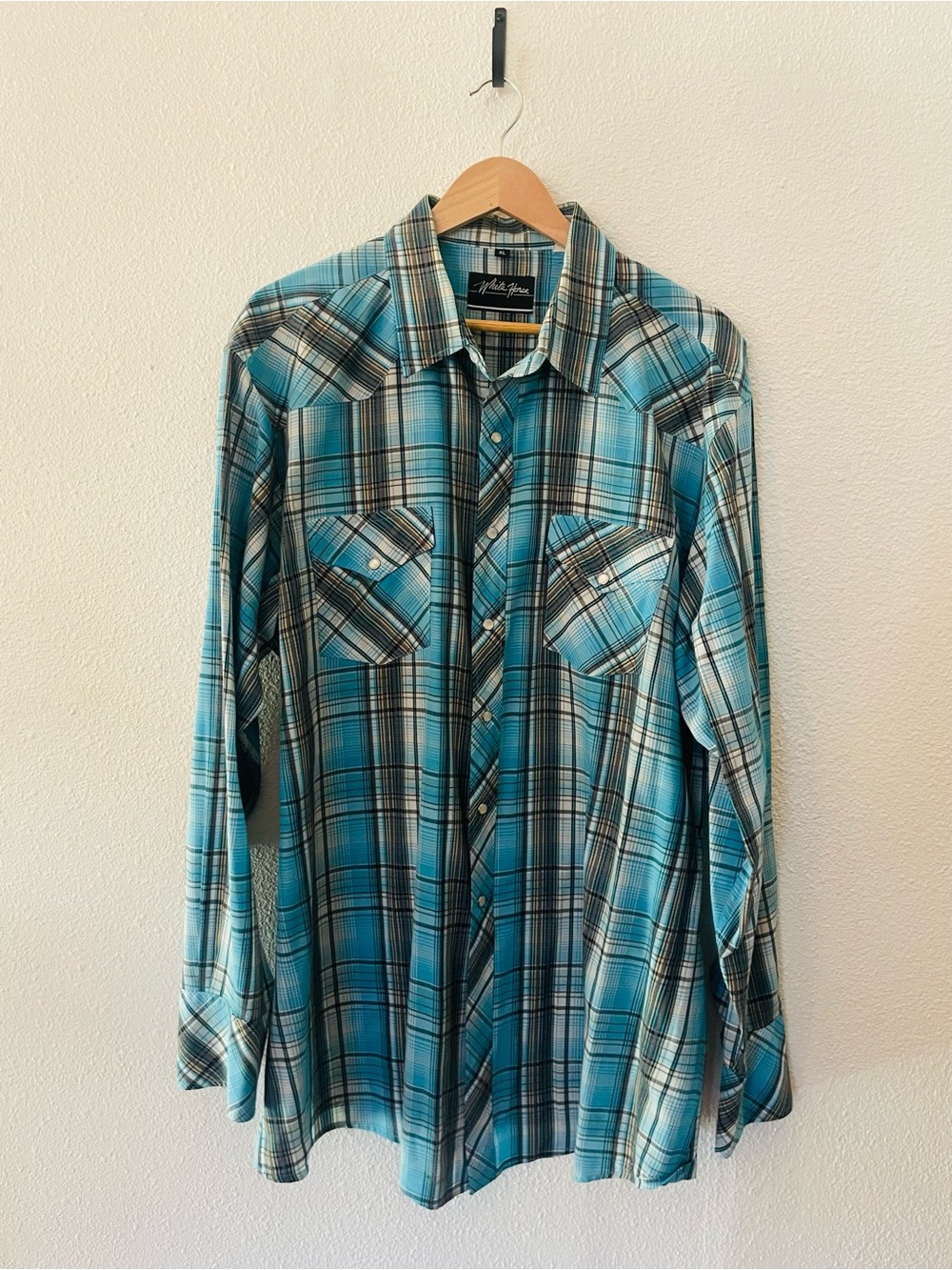 White Horse Teal Plaid Long-Sleeve Button-Down Shirt Pearl Snaps Size XL Western